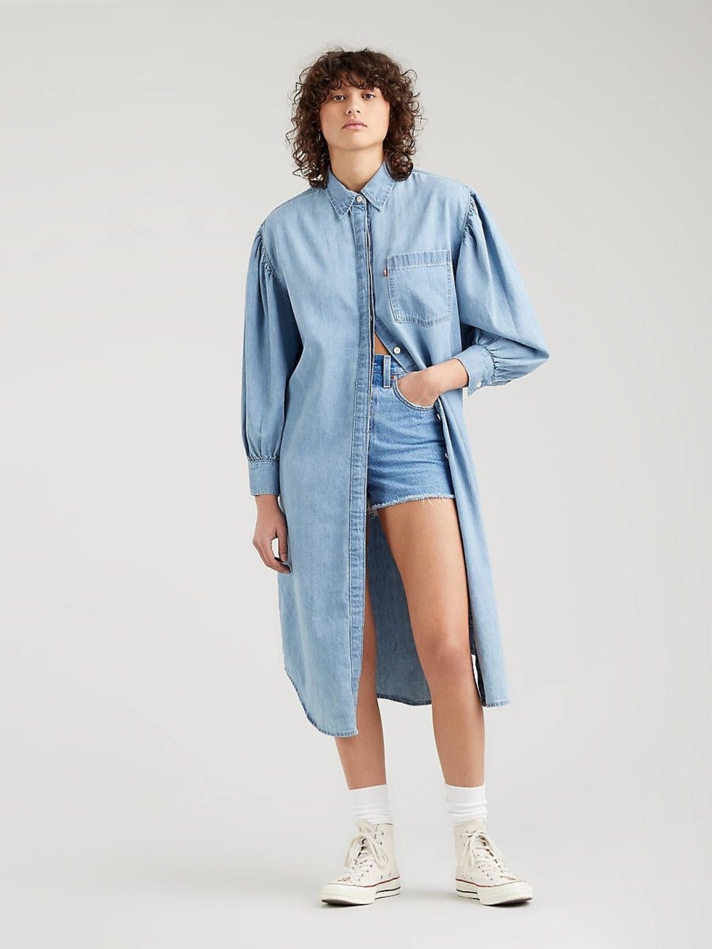 Levi's—Osteria Cotton Button-Up Duster Dress Light Wash Blue Denim (Large)